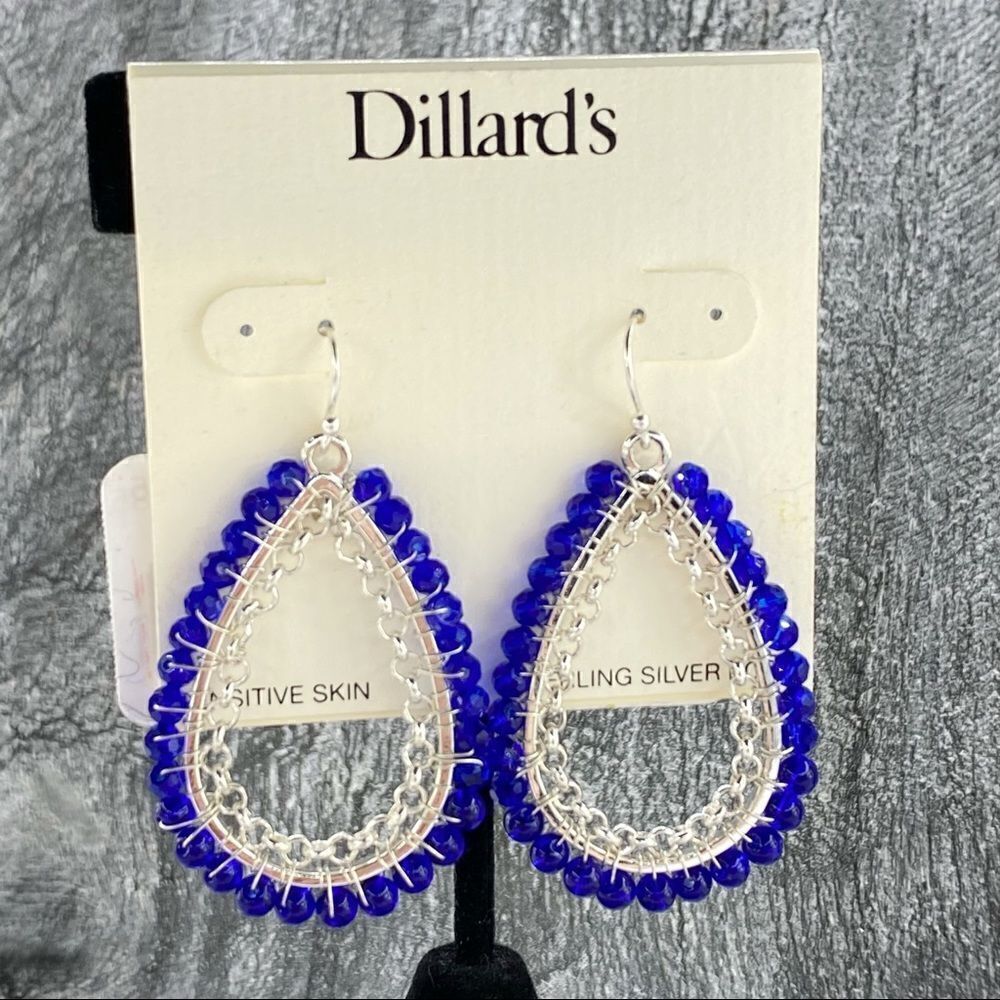 Dillard’s Beaded‎ Drop Dangle Earrings Teardrop Blue Silver NWT